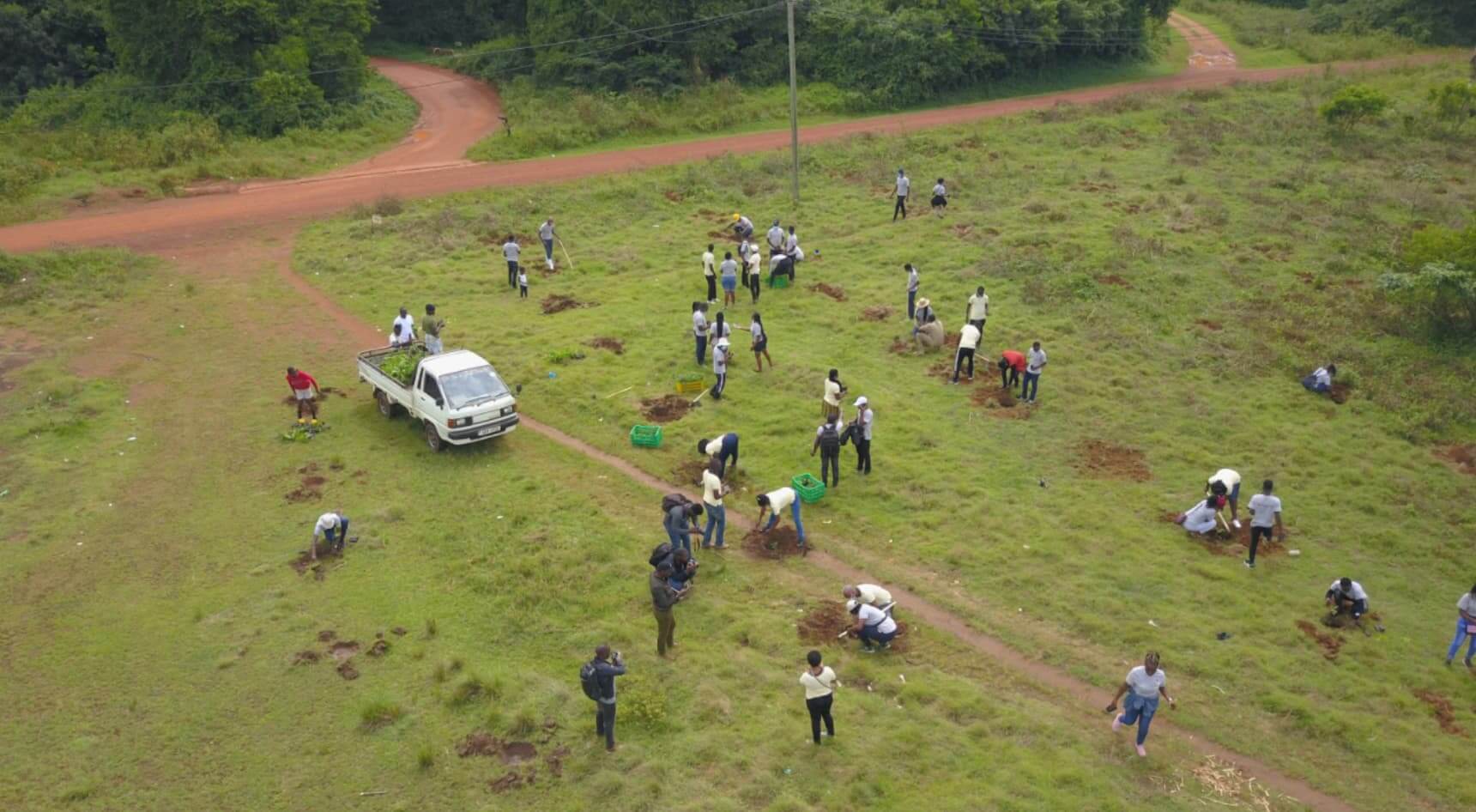 Drone shot of people planting seedlings - Kaazi rainforest