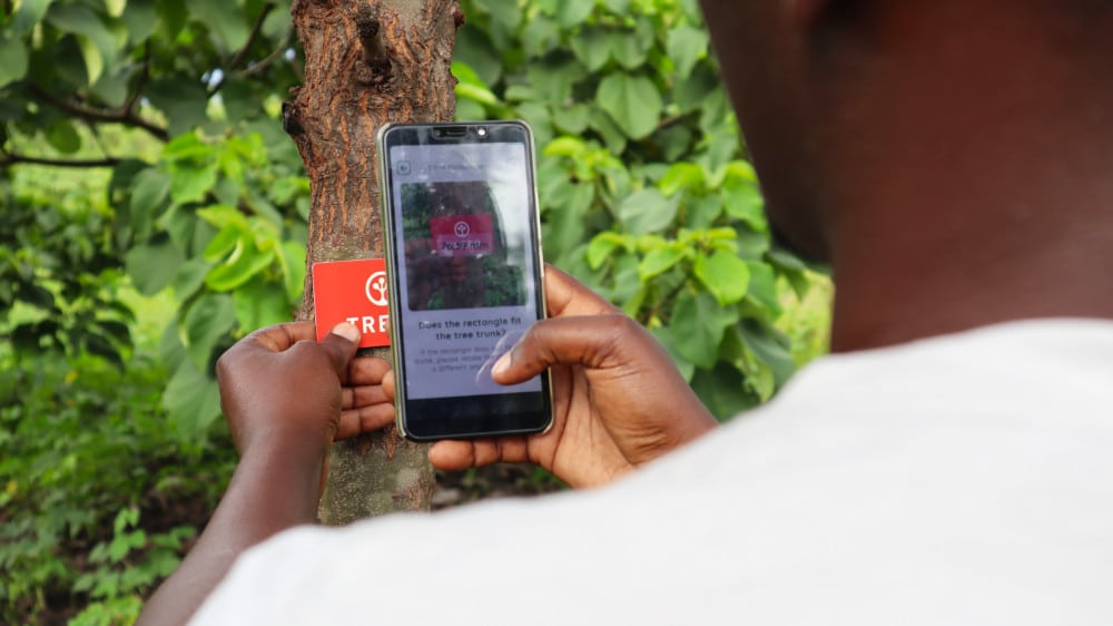 Nahaufnahme eines Landwirts, der mit der Treeo App und der Karte ein Foto eines Baumstamms macht, woraufhin die App den Durchmesser des Baums in Brusthöhe berechnet