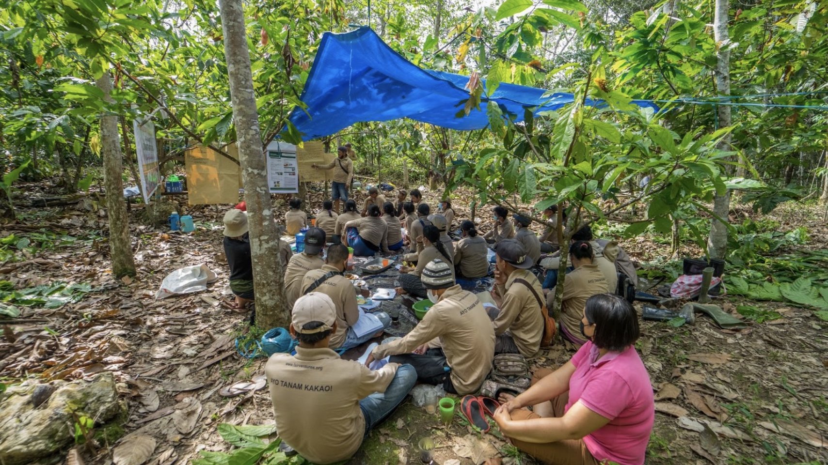 Teilnehmende der Cacao Field School sitzen im Wald auf dem Boden unter einer Plane