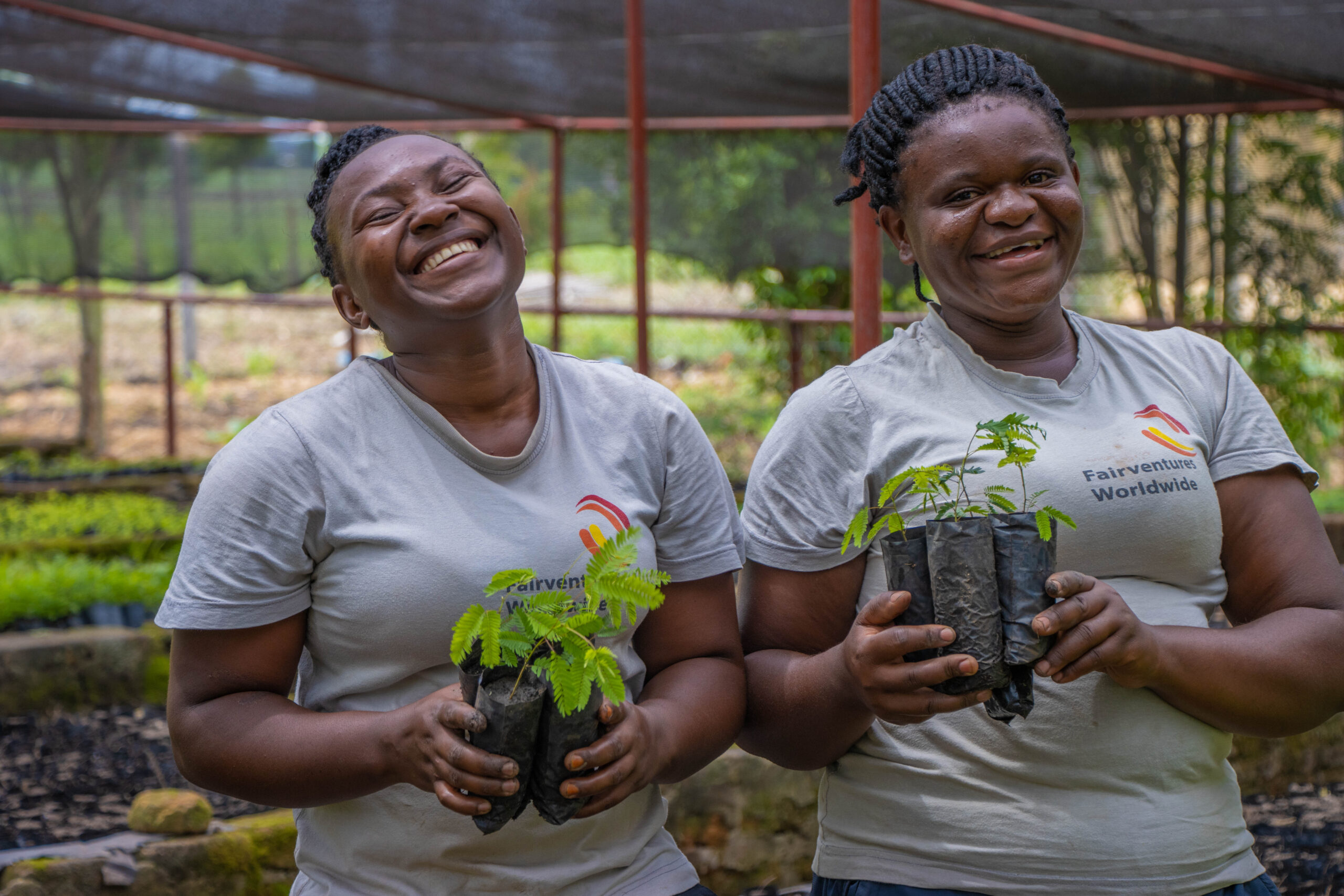 Two employees of a tree nursery run by FVW in Uganda